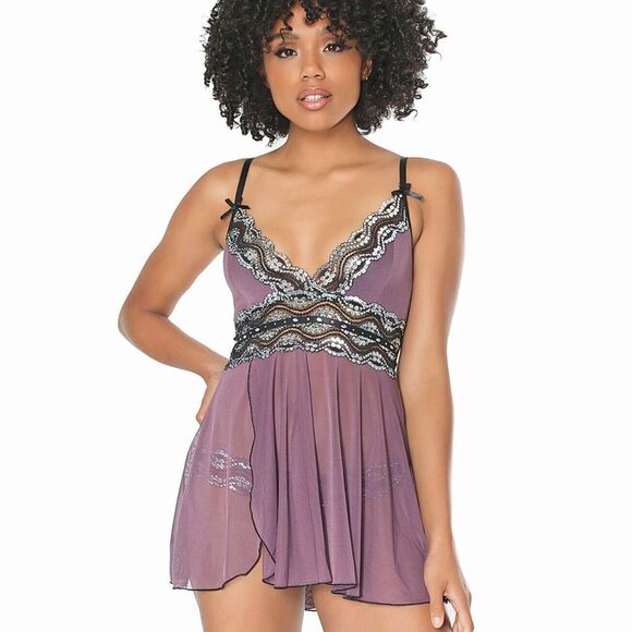 Mauve Babydoll Set Womens XL Mesh and Metallic Lace with Rhinestones - Picture 4 of 10